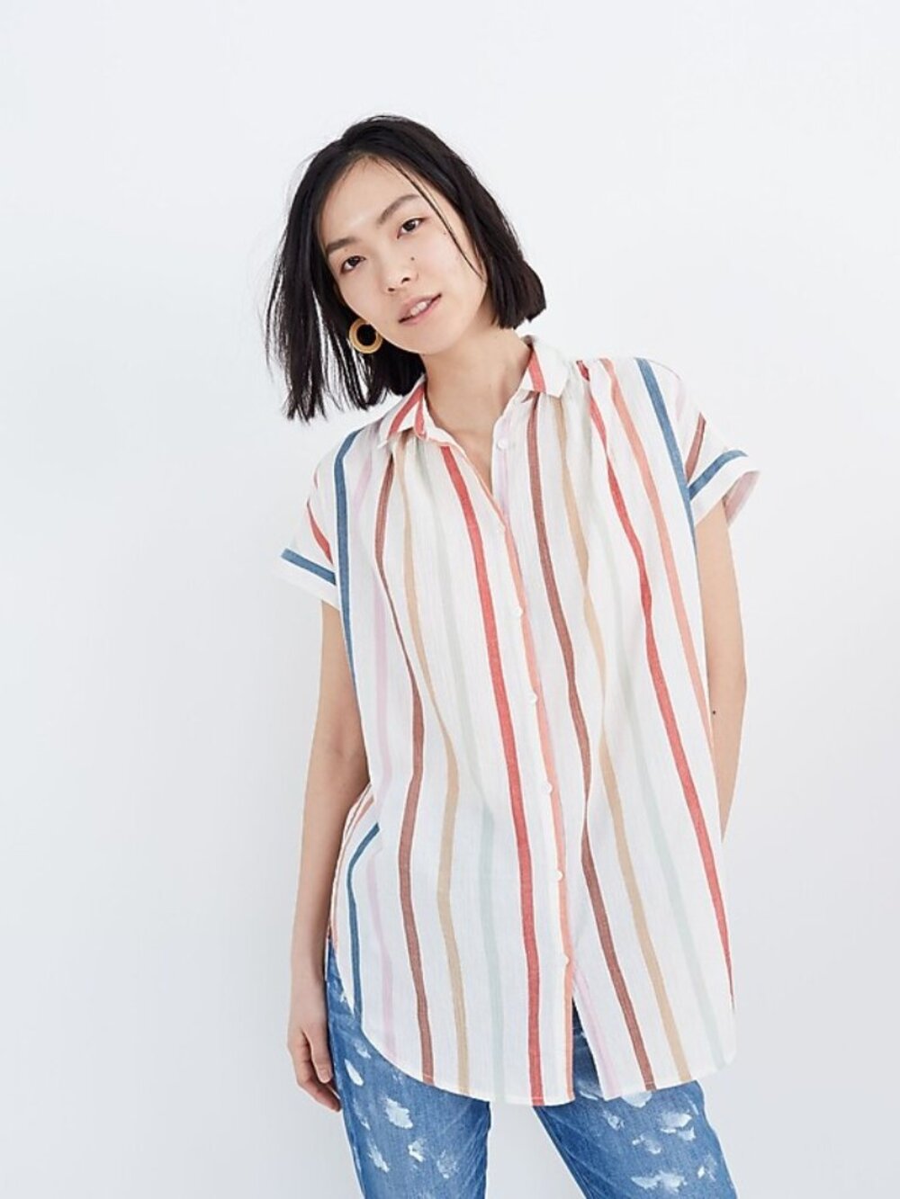 Madewell Gauze Central Tunic Shirt in Rainbow Stripe - sz L
